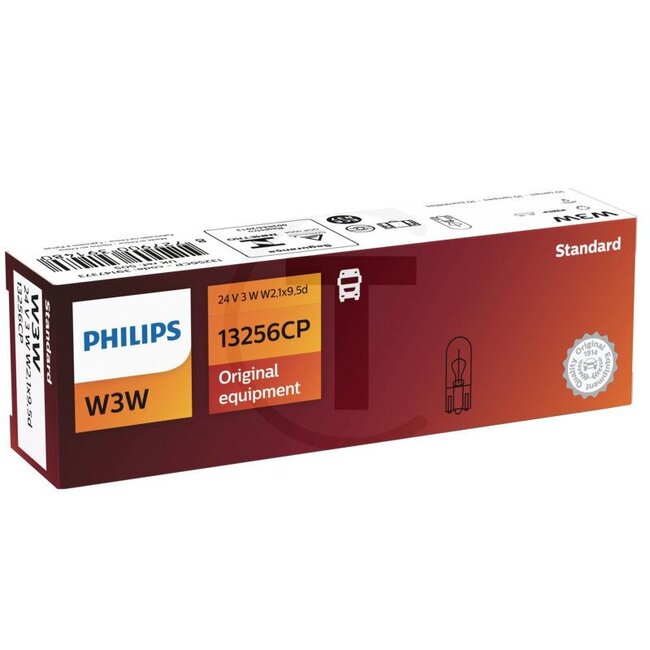 Philips Glassockellampe W3W, 10 Stück - 44713256CP13256CP | Spannung: 24 V | Leistung: 3 Watt | Sockel: W2,1x9,5d | Leuchtmittel: Anzeigenlampe | passend für: Armaturen-/ Innenbeleuchtung | Prüfzeichen: ECE | Bauart: W3W | Inhalt: 10 Stück