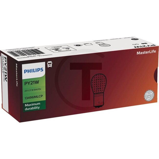 Philips Kugellampe PY21W, 10 Stück - 44713496HDLLCP13496MLCP | Spannung: 24 V | Leistung: 21 Watt | Sockel: BAU15s | Zusatzinformationen: • minimalen Ausfallrate<br> • Lebensdauer von bis zu 1.200&nbsp;Stunden | Leuchtmittel: Kugellampe | passend für: Blinker hin