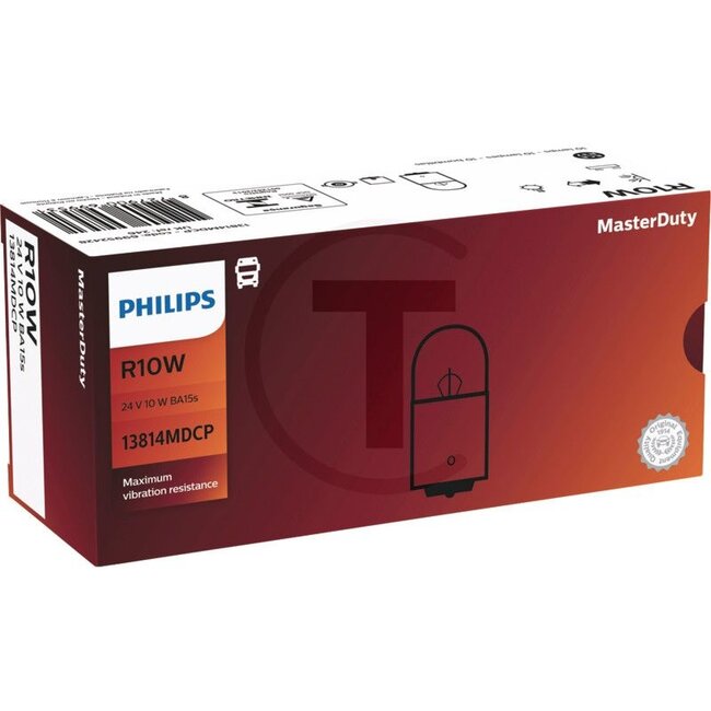 Philips Ball lamp R10W, 10 pcs - 44713814MDCP, 13814MDCP | Voltage: 24 V | Power: 10 watts | Socket: BA15s | Additional information: • Maximum vibration resistance |  • Designed for an excellent service life |  • Robust | Bulb: Spherical bulb | To fit: Rear light
