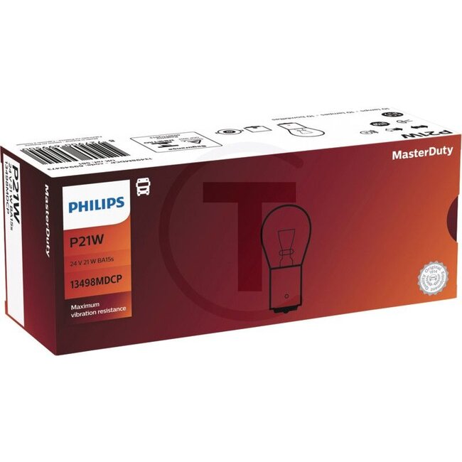 Philips Kugellampe P21W, 10 Stück - 44713498MDCP13498MDCP | Spannung: 24 V | Leistung: 21 Watt | Sockel: BA15s | Zusatzinformationen: • maximale Vibrationsbeständigkeit<br> • ausgezeichnete Lebensdauer ausgelegt<br> • robust | Leuchtmittel: Kugellampe | passend f