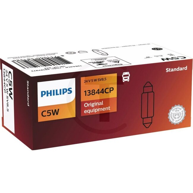 Philips Sofitte C5W, 10 pcs - 44713844CP, 13844CP, 28306630, 7919564982, 0500135 | Voltage: 24 V | Power: 5 watts | Socket: SV8.5 | Additional information: • The best compromise between luminosity at a very good price-performance ratio and original equipment qual