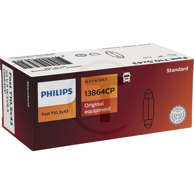 Philips Sofitte Festoon T10,5x43 5W, 10 stuks - 44713864CP13864CP | Spanning: 24 V | Vermogen: 5 Watt | Sokkel: SV8,5 | Extra informatie: • Het beste compromis tussen helderheid tegen een zeer goede prijs- / kwaliteitsverhouding en de kwaliteit van de originele u
