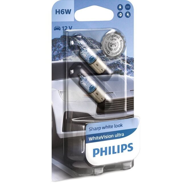 Philips Glühlampe H6W 12V / 6W, 2 stuks - 44712036WVUB212036WVUB2 | Spanning: 12 V | Vermogen: 6 Watt | Sokkel: BAX9s | Lamp: Konventionell | Passend voor: Einrichtung, Heck-/Parkleuchte, Rückfahrlicht | Keurmerk: ECE | Bouwwijze: H6W | EAN codes: 8719018005434