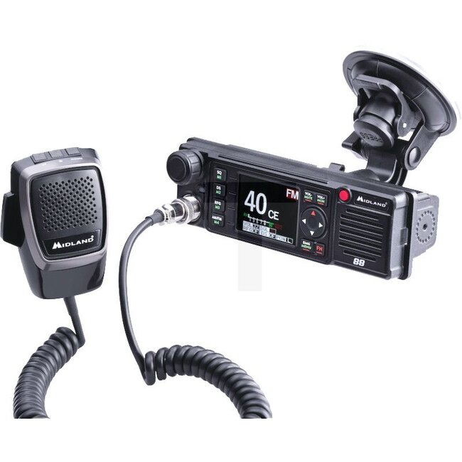 Midland Midland CB-radio M-88 - 5060010779 | Bestaat uit: • CB-radio met stroomkabel  | • Microfoon  | • Beugel voor het dashboard  | • Microfoonhouder  | • Zuignap voor montage op glas  | • DIN-beugel met ontgrendelingssleutels  | • Reserve zekering | Technische