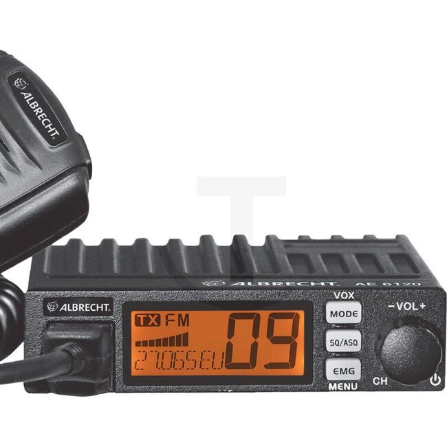 Albrecht CB radio MINI AE 6120 VOX - 5060010808 | Included in delivery: • CB radio  | • Microphone with RJ45 Western plug  | • Microphone holder  | • Mounting bracket  | • Instructions | Technical data: • Transmission power: 4 W  | • Power consumption: 2 A max.  |