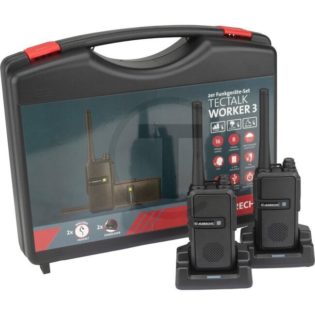 Albrecht 1. Tectalk Worker 3 Koffer - 11255650 | Lieferumfang: 2x Tectalk Worker 3 PMR446 Funkgeräte, 2x Headset, 2x Standlader, 2x Akku 2200mAh, 2x Gürtelclip, 1x Transportkoffer, 1x Anleitung | Technische Daten: 16 PMR446 Kanäle, bis zu 10km Reichweite, 38 CTCSS