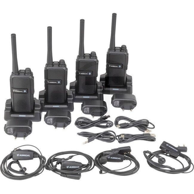 1. Albrecht 4er Kofferset Tectalk Worker 3, PMR446 - 11258782 | Bestaat uit: • 4x Tectalk Worker 3 PMR446, • Portofoon, • 4x headset, • 4x standaardlader, • 4x accu 2.200 mAh, • 4x riemclip, • 1x transportkoffer, • 1x handleiding | Technische gegevens: •