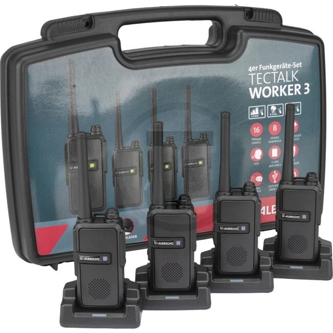 1. tectalk worker 3 case - 11258782 | Included in delivery: • 4x Tectalk Worker 3 PMR446, radios, • 4x headset, • 4x stand charger, • 4x battery 2200 mAh, • 4x belt clip, • 1x transport case, • 1x instructions | Technical data: • 16 PMR446 channels, • Up
