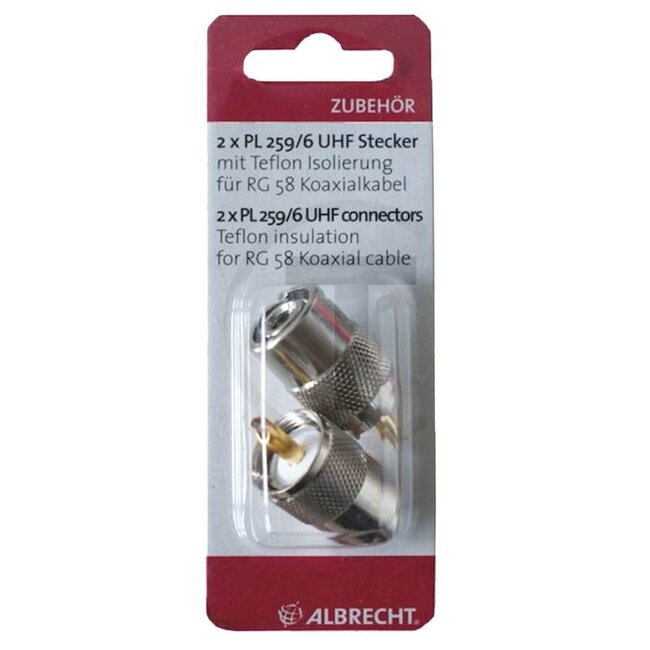 Albrecht PL 259/6 UHF Stecker, 2 stuks - 5060010802 | Uitvoering: Behuizing: messing / nikkel  | • Afmeting behuizing: 24 mm  | • Totale grootte: 37 mm  | • PIN: goud  | • Isolatie: Teflon  | • kabel: RG-58 | In aanmerking komend: De-minimis