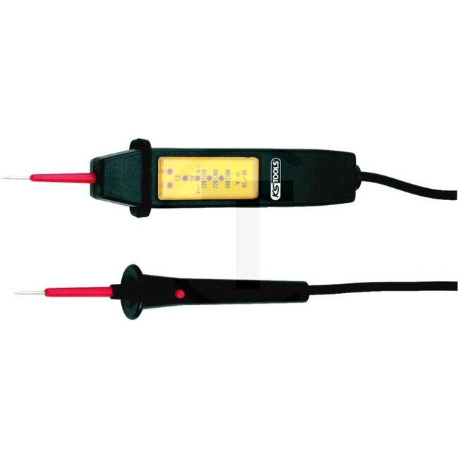 KS Tools Geïsoleerde universele spanningstester: 12 - 500 V - 7885501502, Referentienr.: 550.1502 | Spanningsbereik: 12 / 50 / 120 / 150 / 220 / 300 / 400 / 500 DC/AC Volt | Stroomafname : 0,14 A | Frequentie: 0 - 100 Hz | Weergave-meetbereik: 12 - 500 volt | Besc