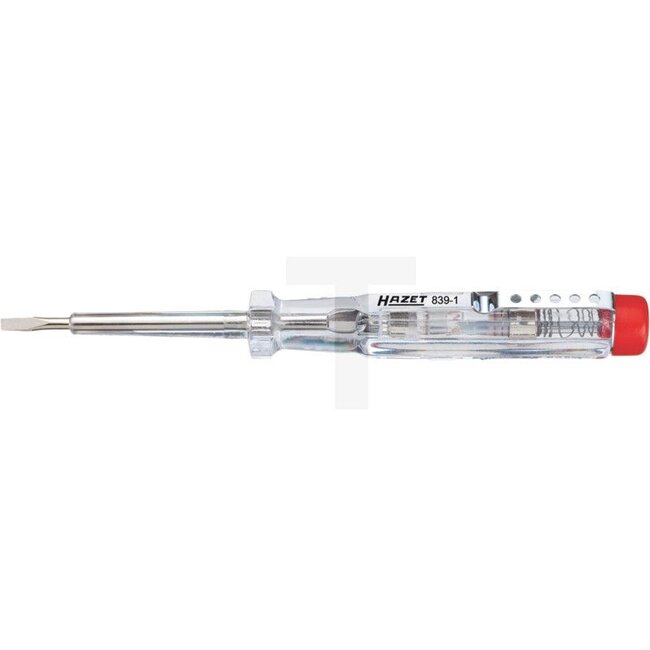 Hazet Spannungsprüfer, schutzisoliert 220 - 250 V | 150 mm - 6243842, 839-1 | Beschreibung: • 220 – 250&nbsp;V, • Schlitzklinge mit Hohlschliff, • Extra langer Griff, 92&nbsp;mm, • Mit Clip, • Defekte Soffitte nach VDE nicht auswechselbar, • Rundklinge, • Kunst