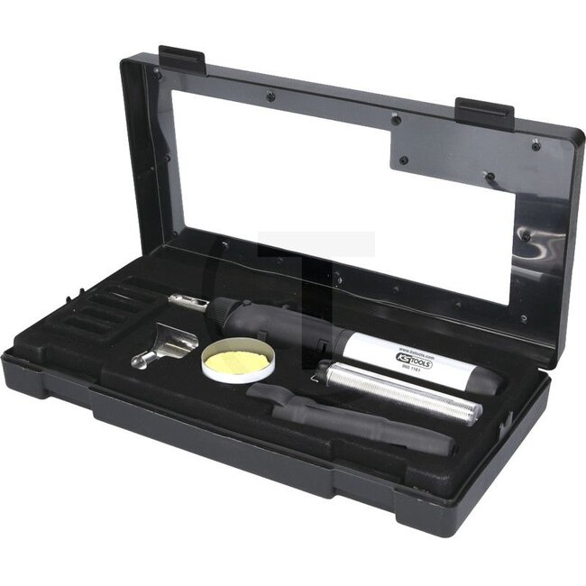KS Tools Micro soldering kit, 10 pcs. - 7889601160, Referentienr.: 960.1160 | Description: • Gas-powered micro soldering unit up to 1300°C / 2450°F, • With piezo ignition, • Ideal for precision work, • Gas supply continuously adjustable, • Filled with standard lig