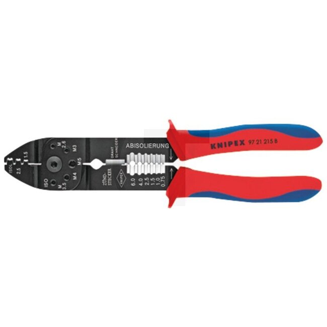 KNIPEX Crimping tool - 7609721215BSB, 9721215BSB | Application: Uninsulated, open connectors (6.3 mm connector width) | Length: 230 mm | Capacity: 0,5 - 2,5 mm² | Technical data: With shop hanger