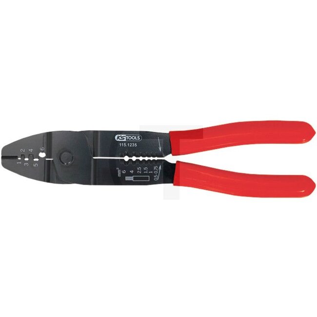 KS Tools Crimpzange - 7881151235, Referentienr.: 115.1235 | Anwendung: zum Abisolieren und Schneiden von Drähten, zum Crimpen (Flachstecker 2,8 / 4,8 / 6,3 mm) | Länge: 220 mm | Kapazität: 0,5 - 6,0 mm² | Beschreibung: • ideal geeignet zum Verarbeiten von nicht is