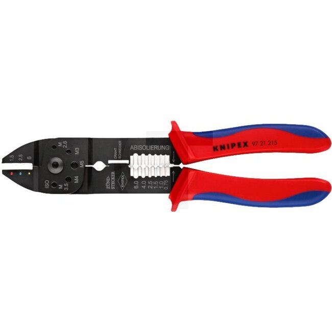 KNIPEX Crimpzange - 7609721215, 9721215 | Anwendung: zum Kabelschneiden, Abisolieren von Drähten und Crimpen von isolierten / unisolierten Kabelschuhen und Steckverbindern | Länge: 230 mm | Kapazität: 0,5 - 6,0 mm²
