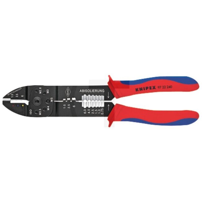 KNIPEX Crimpzange - 7609722240, 9722240 | Anwendung: für isolierte Kabelschuhe + Kabelverbinder / unisolierte, offene Steckverbinder (6,3 mm Steckerbreite) | Länge: 240 mm | Kapazität: 0,75 - 6,0 mm²