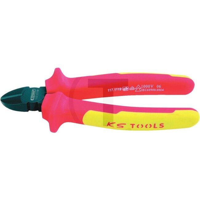 KS Tools ERGOTORQUE® VDE Diagonal-Seitenschneider 156 mm - 7881171119, Referentienr.: 117.1119 | Anwendung: für weichen und mittelharten Draht (1,6 mm) | Länge: 160 mm | Beschreibung: • in Anlehnung an DIN ISO 5749, • Hüllenisolierung nach IEC 60900, • mit 2-Kompo
