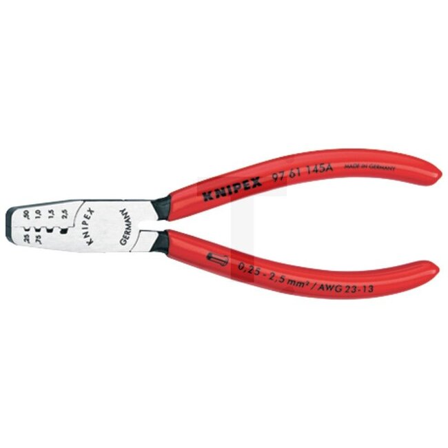 KNIPEX Adereindhulstang - 7609761145A, 9761145A | Lengte: 145 mm | Capaciteit: 0,25 - 2,5 mm² | Uitvoering: • Voor het krimpen van adereindhulzen DIN 46228 deel 1 + 4 in het bereik van 0,25 tot 2,5 mm², • Krimpen in gelabelde trapeziumvormige profielen voor veil