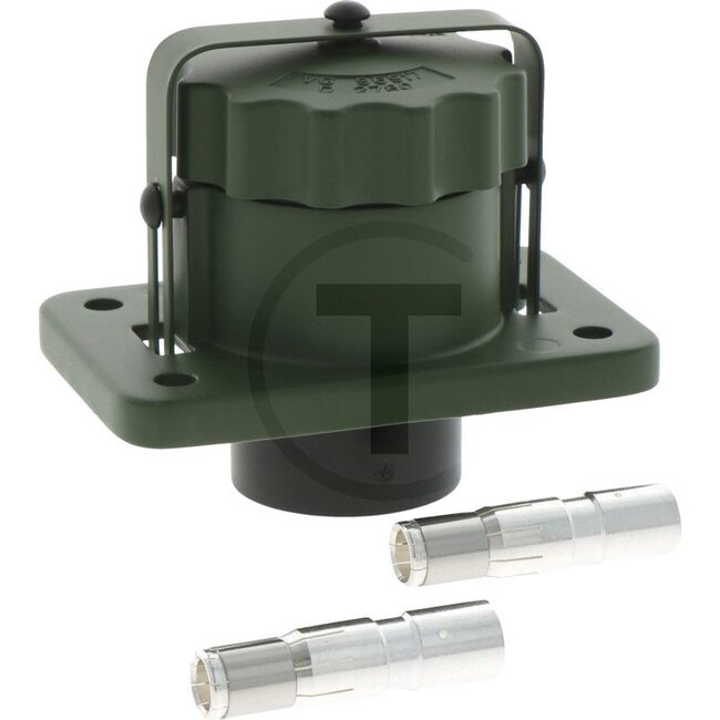 HELLA Socket - 4558JB 001935031, 8JB001935031 | Version: • With screw cap and thermoplastic contact carrier, • For cable 50 mm², • Power rating at 24 V: 300 A | Number of pins: 2 | Colour: Nato olive | Material: Aluminium | Protection class: IP54