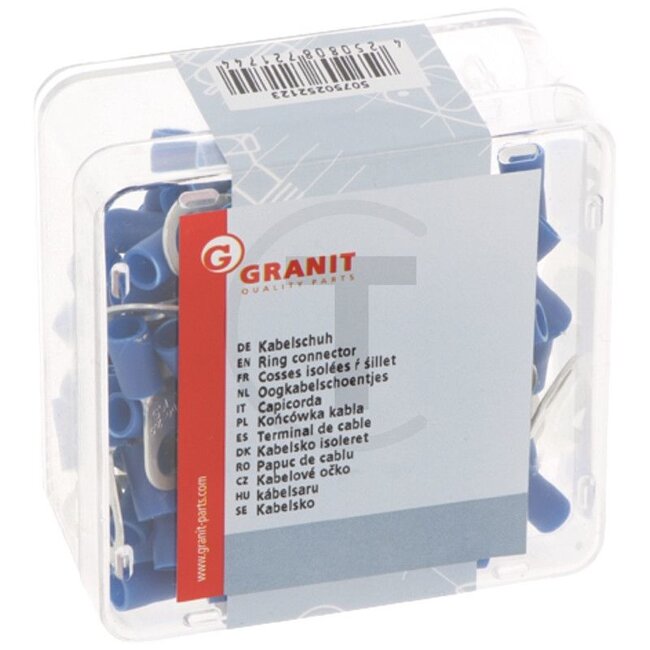 GRANIT Ring connectors, 100 pcs - 50750252123 | Version: Partially insulated | Colour: Blue | Eyelet hole Ø: 6,5 (M6) mm | Cross section: 1,5 - 2,5 mm² | DIN/ISO: 46237 | Material: Copper / PA (polyamide) | Surface: Tinned | Temperature range: Up to 105 °C | Men