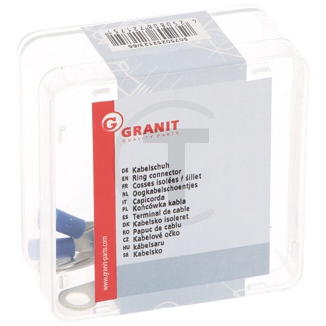 GRANIT Ringverbinder, 10 Stück - 50750252123/66 | Ausführung: teilisoliert | Farbe: blau | Ösenloch-Ø: 6,5 (M6) mm | Querschnitt: 1,5 - 2,5 mm² | DIN/ISO: 46237 | Material: Kupfer / PA (Polyamid) | Oberfläche: verzinnt | Temperaturbereich: bis 105 °C