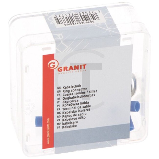 GRANIT Ring connectors, 10 pcs - 50750252124/66 | Version: Partially insulated | Colour: Blue | Eyelet hole Ø: 8,4 (M8) mm | Cross section: 1,5 - 2,5 mm² | DIN/ISO: 46237 | Material: Copper / PA (polyamide) | Surface: Tinned | Temperature range: Up to 105 °C