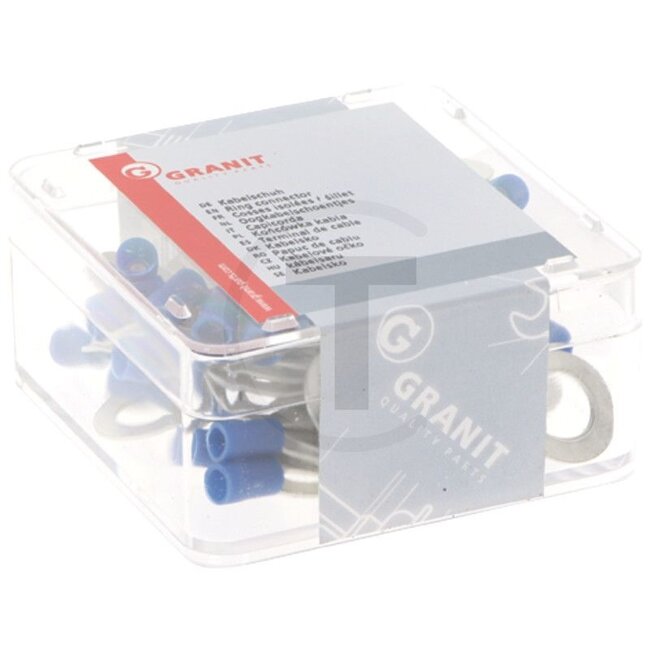 GRANIT Ringverbinder, 50 Stück - 50750252125 | Ausführung: teilisoliert | Farbe: blau | Ösenloch-Ø: 10,5 (M10) mm | Querschnitt: 1,5 - 2,5 mm² | DIN/ISO: 46237 | Material: Kupfer / PA (Polyamid) | Oberfläche: verzinnt | Temperaturbereich: bis 105 °C