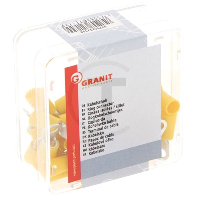 GRANIT Ringverbinder, 50 Stück - 50750252159 | Ausführung: teilisoliert | Farbe: gelb | Ösenloch-Ø: 4,3 (M4) mm | Querschnitt: 4 - 6 mm² | DIN/ISO: 46237 | Material: Kupfer / PA (Polyamid) | Oberfläche: verzinnt | Temperaturbereich: bis 105 °C | Menke-Nr.: 51911