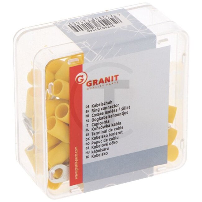 GRANIT Ringverbinder, 50 Stück - 50750252160 | Ausführung: teilisoliert | Farbe: gelb | Ösenloch-Ø: 5,3 (M5) mm | Querschnitt: 4 - 6 mm² | DIN/ISO: 46237 | Material: Kupfer / PA (Polyamid) | Oberfläche: verzinnt | Temperaturbereich: bis 105 °C