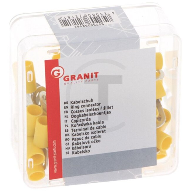 GRANIT Oogkabelschoentjes, 50 stuks - 50750252161 | Uitvoering: gedeeltelijk geïsoleerd | Kleur: geel | Oog-Ø: 6,5 (M6) mm | Doorsnede: 4 - 6 mm² | DIN/ISO: 46237 | Materiaal: Koper / PA (polyamide) | Oppervlakte: vertind | Temperatuurbereik: tot 105 °C