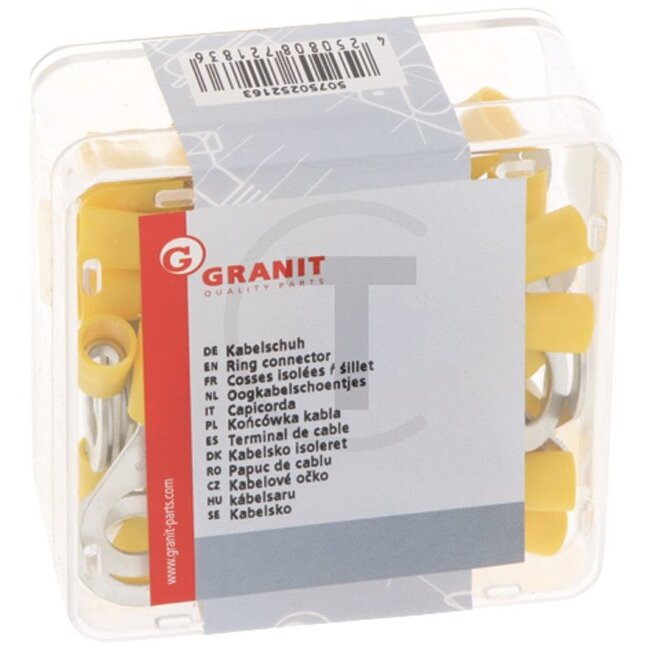 GRANIT Ring connectors, 50 pcs - 50750252163 | Version: Partially insulated | Colour: Yellow | Eyelet hole Ø: 10,5 (M10) mm | Cross section: 4 - 6 mm² | DIN/ISO: 46237 | Material: Copper / PA (polyamide) | Surface: Tinned | Temperature range: Up to 105 °C