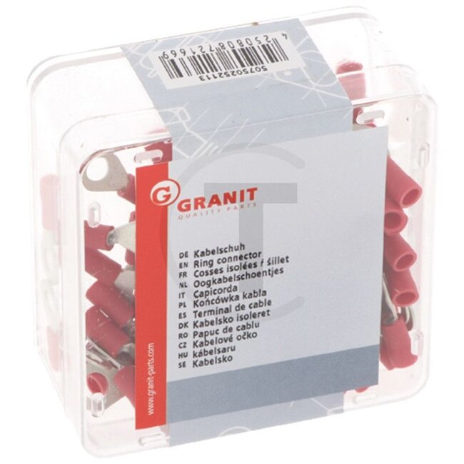 GRANIT Oogkabelschoentjes, 100 stuks - 50750252113 | Uitvoering: gedeeltelijk geïsoleerd | Kleur: rood | Oog-Ø: 5,3 (M5) mm | Doorsnede: 0,5 - 1,0 mm² | DIN/ISO: 46237 | Materiaal: Koper / PA (polyamide) | Oppervlakte: vertind | Temperatuurbereik: tot 105 °C