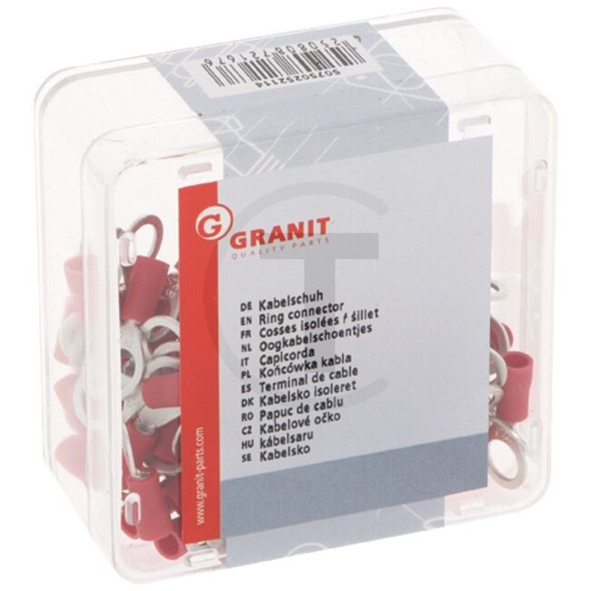 GRANIT Oogkabelschoentjes, 100 stuks - 50750252114 | Uitvoering: gedeeltelijk geïsoleerd | Kleur: rood | Oog-Ø: 6,5 (M6) mm | Doorsnede: 0,5 - 1,0 mm² | DIN/ISO: 46237 | Materiaal: Koper / PA (polyamide) | Oppervlakte: vertind | Temperatuurbereik: tot 105 °C