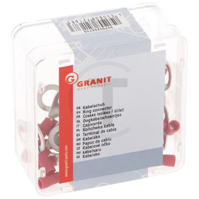 GRANIT Ringverbinder, 50 Stück - 50750252115 | Ausführung: teilisoliert | Farbe: rot | Ösenloch-Ø: 8,4 (M8) mm | Querschnitt: 0,5 - 1,0 mm² | DIN/ISO: 46237 | Material: Kupfer / PA (Polyamid) | Oberfläche: verzinnt | Temperaturbereich: bis 105 °C