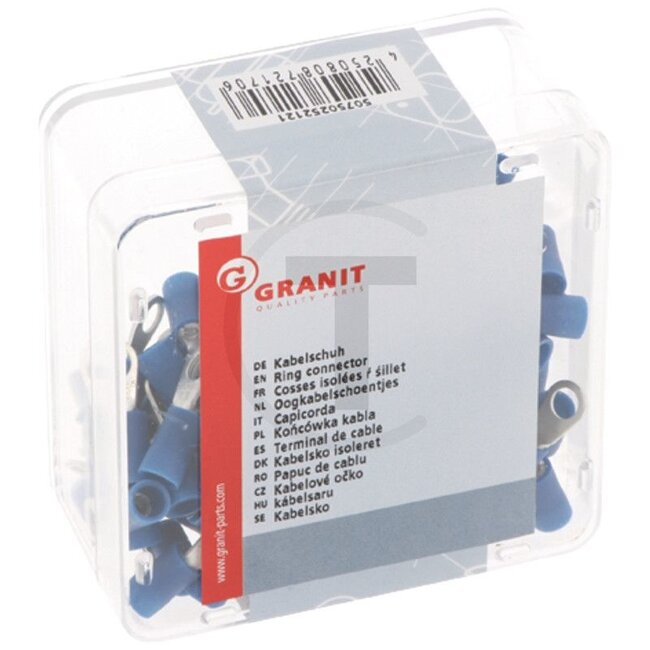 GRANIT Ring connectors, 100 pcs - 50750252121 | Version: Partially insulated | Colour: Blue | Eyelet hole Ø: 4,3 (M4) mm | Cross section: 1,5 - 2,5 mm² | DIN/ISO: 46237 | Material: Copper / PA (polyamide) | Surface: Tinned | Temperature range: Up to 105 °C