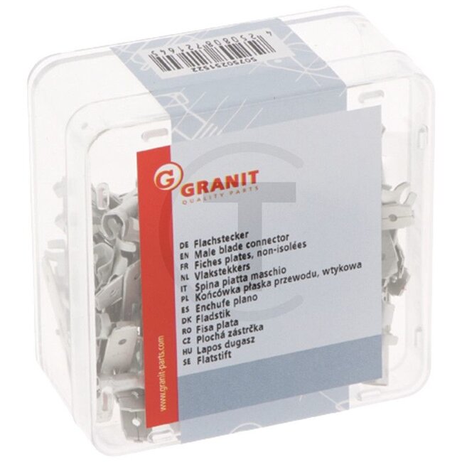 GRANIT Flat plug, 100 pcs - 50750251522 | Cross section: 1,5 - 2,5 mm² | Version: With latching lug, with latching points | Length: 28 mm | Material: brass | Surface: Blank | Plug: 6,3 x 0,8