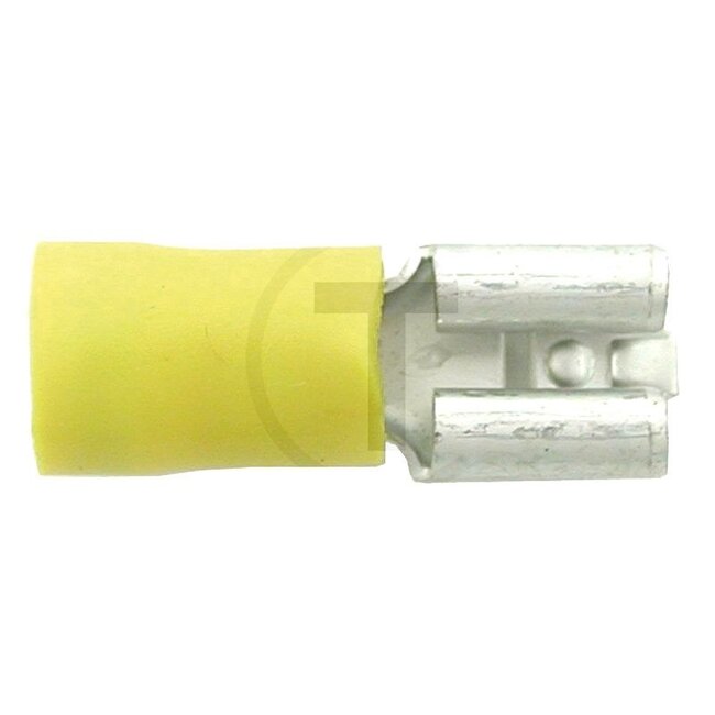 GRANIT Vlakstekkerhulzen, 100 stuks - 5075025251247049 | Doorsnede: 4,0 - 6,0 mm² | Uitvoering: gedeeltelijk geïsoleerd | Insteekbreedte: 6,3 x 0,8 mm | Kleur: oranje | Omschrijving: 6,3 x 0,8 mm, geel, voor kabels van 4,0 - 6,0 mm² | Materiaal: Messing / PVC |