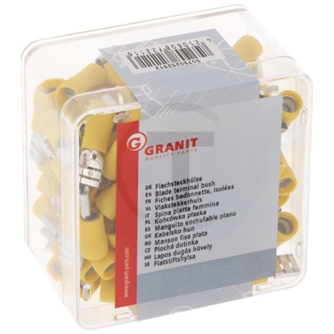 GRANIT Blade terminal bush, 100 pcs - 50750252512, 47049 | Cross section: 4,0 - 6,0 mm² | Version: Partially insulated | Plug width: 6,3 x 0,8 mm | Colour: Yellow | Description: "6.3 x 0.8, yellow, for cables 4.0-6.0 mm²" | Material: Brass/ PVC | Surface: Tinned