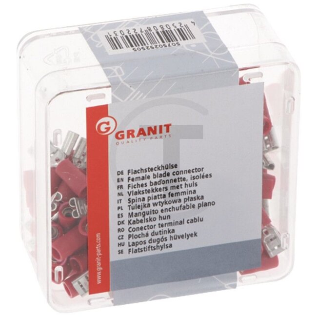 GRANIT Blade terminal bush, 100 pcs - 50750252505, 47042 | Cross section: 0,5 - 1,0 mm² | Version: Partially insulated | Plug width: 4,8 x 0,5 mm | Colour: red | Description: “4,8 x 0.5, red, for cables 0.5-1.0 mm²" | Material: Brass/ PVC | Surface: Tinned | DIN