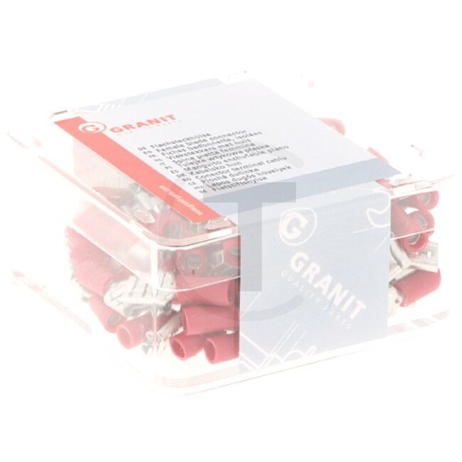 GRANIT Blade terminal bush, 100 pcs - 50750252510, 190022, 47.040 | Cross section: 0,5 - 1,0 mm² | Version: Partially insulated | Plug width: 6,3 x 0,8 mm | Colour: Red | Description: 6.3 x 0.8, red, for cable 0.5-1.0 mm² | Material: Brass/PVC | Surface: Tinned