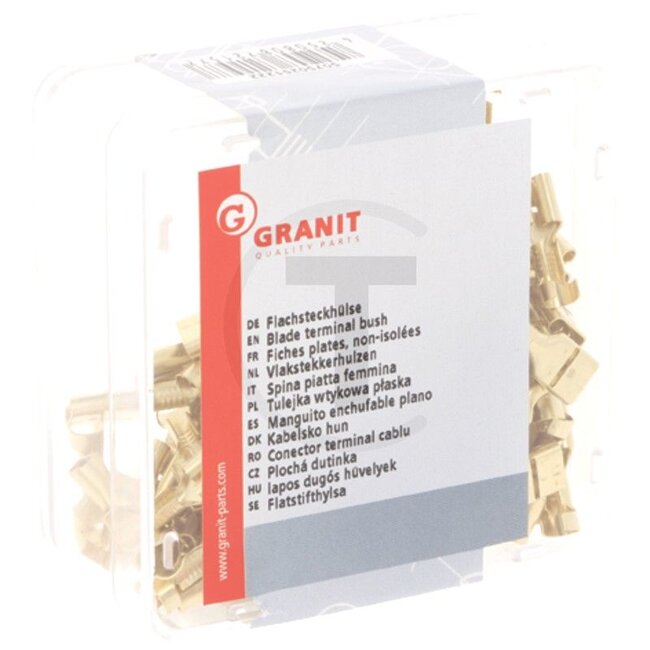GRANIT blade terminal bush, 100 pcs - 50750251222 | Version: With snap-in points, brass bare, 6.3 mm, for cables 1.0 - 2.5 mm² | Length: 19,2 mm | Material: brass | Cross section: 1,5 - 2,5 mm² | Surface: Blank | Plug: 6,3 x 0,8
