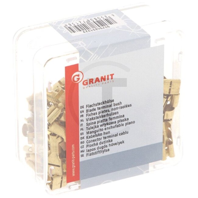 GRANIT Vlakstekkerhulzen, 100 stuks - 50750251223 | Uitvoering: met vergrendelingspunten, messing blank, 6,3 mm, voor kabels van 2,5 - 6,0 mm² | Lengte: 19,2 mm | Materiaal: Messing | Doorsnede: 4 - 6 mm² | Oppervlakte: blank | Stekker: 6,3 x 0,8