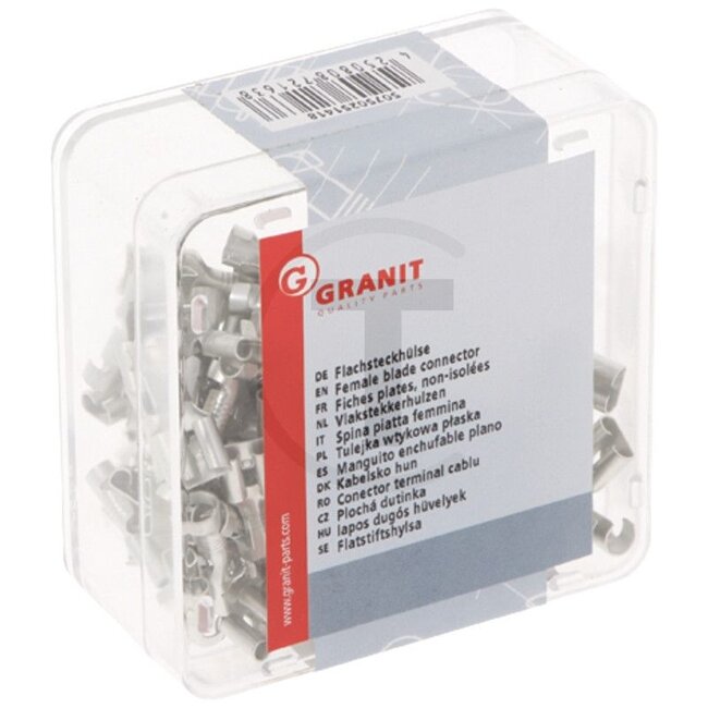 GRANIT Flachsteckhülse, 100 Stück - 50750251418190252 | Ausführung: mit Rastnase, Messing blank, 6,3 mm, für Kabel 1,5 - 2,5 mm² | Länge: 19,2 mm | Material: Messing | Querschnitt: 1,5 - 2,5 mm² | Oberfläche: blank | Stecker: 6,3 x 0,8