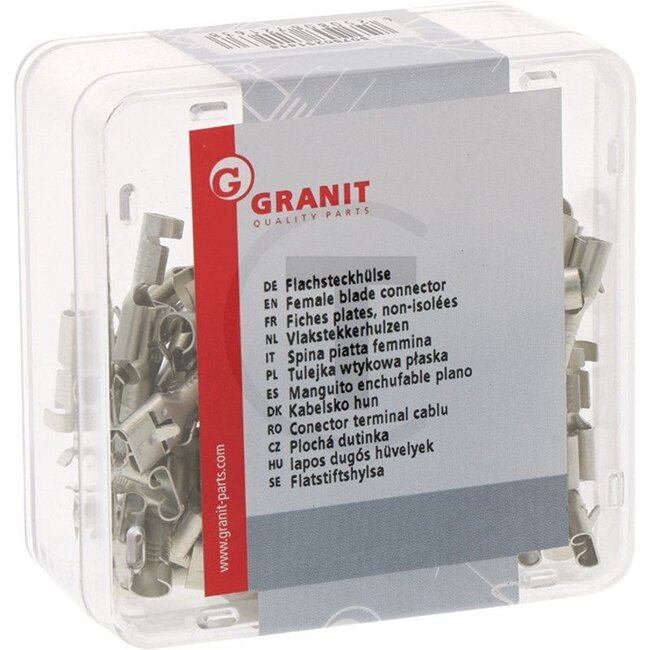 GRANIT Vlakstekkerhulzen, 100 stuks - 50750251418190252 | Uitvoering: met vergrendelingslipje, messing blank, 6,3 mm, voor kabels van 1,5 - 2,5 mm² | Lengte: 19,2 mm | Materiaal: Messing | Doorsnede: 1,5 - 2,5 mm² | Oppervlakte: blank | Stekker: 6,3 x 0,8