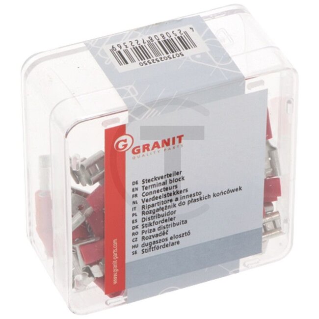GRANIT Verdeelstekkers, 50 stuks - 50750252550 | Uitvoering: geïsoleerd, met aftakking, 6,3 mm, rood | Doorsnede: 0,5 - 1,0 mm² | Kleur: rood | Materiaal: Messing / PVC | Oppervlakte: vertind | Stekker: 6,3 x 0,8 | DIN/ISO: 46245 | Temperatuurbereik: tot 105 °C