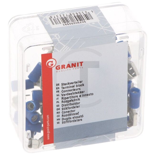 GRANIT Steckverteiler, 50 Stück - 50750252551190026 | Ausführung: isoliert, mit Abzweig, 6,3 mm, blau | Querschnitt: 1,5 - 2,5 mm² | Farbe: blau | Material: Messing / PVC | Oberfläche: verzinnt | Stecker: 6,3 x 0,8 | DIN/ISO: 46245 | Temperaturbereich: bis 105 °