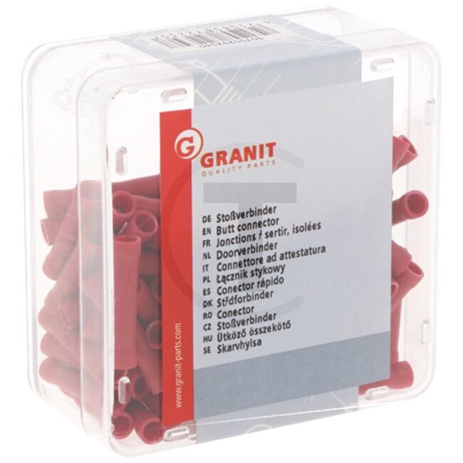 GRANIT Butt connectors red, for cable 0.5 - 1.0 mm², 100 pcs - 50750252540, 47068 | Version: Red, for cable 0.5 - 1.0 mm² | Colour: Red | Length 1: 15 mm | Length 2: 25 mm | Material: Copper/PVC | Cross section: 0,5 - 1,0 mm² | Inner Ø d1: 1,6 mm | Surface: Tinn