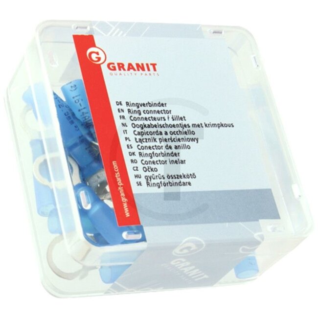 GRANIT Ring connectors, 25 pcs - 50750252609 | Cross section: 1,5 - 2,5 mm² | Eyelet hole Ø: 8 mm | Colour: Blue | Version: • Part insulated | DIN/ISO: 46234 | Temperature range: -55 to +125 °C