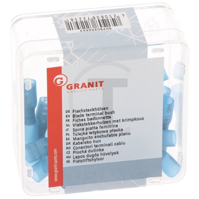 GRANIT Vlakstekkerhulzen Krimpverbinders, 25 stuks - 50750252623 | Doorsnede: 1,5 - 2,5 mm² | Insteekbreedte: 6,3 mm | Kleur: blauw | Uitvoering: • Geïsoleerd | Temperatuurbereik: -55 tot +125 °C
