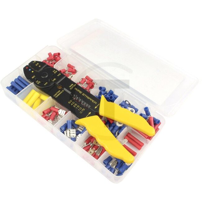 GRANIT Crimping set 175-piece set + crimping tool - 5070010119 | Contents: <lt>b<gt> Cable lug ring form partially insulated (80 pcs. ) <lt>/b<gt> <lt>br<gt> 15x red; for conductor cross-section 0.5 - 1.5 mm², eyelet hole 3.7 mm <lt>br<gt> 10x red; for conductor